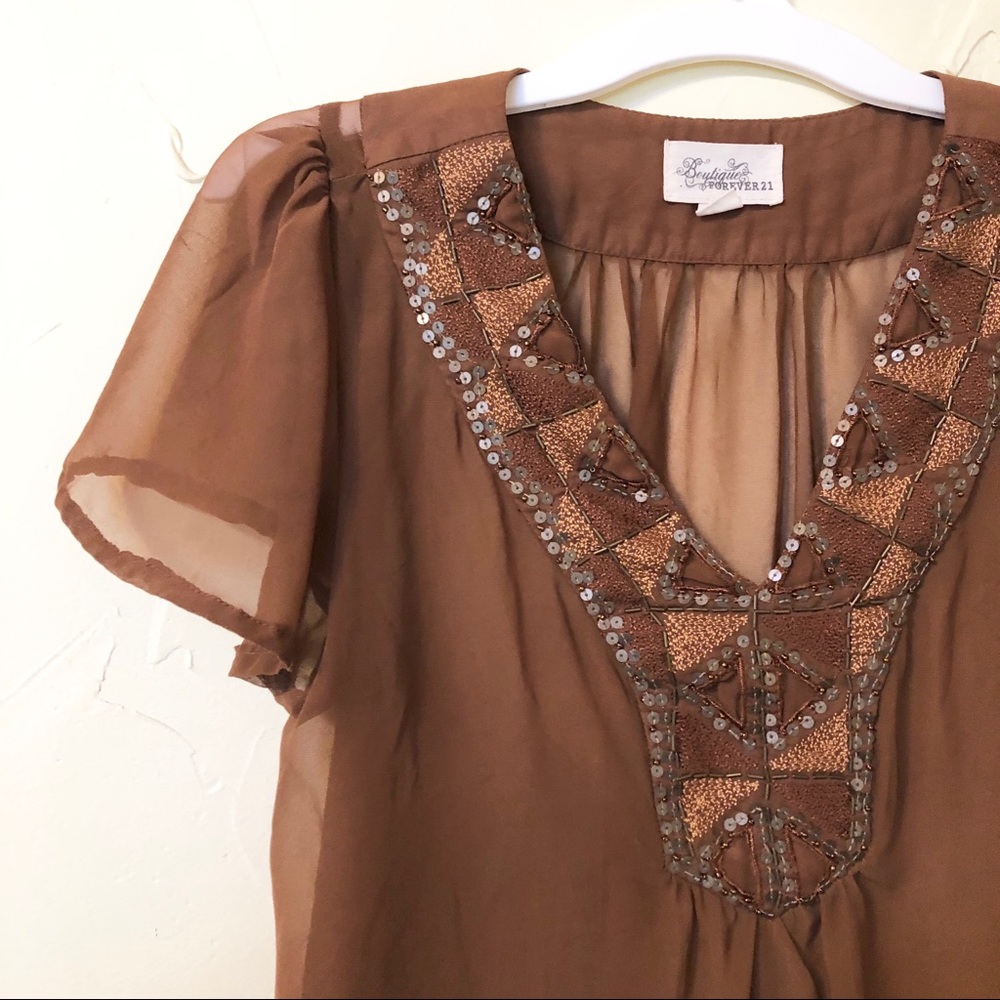 Forever 21 Brown Embellished Sheer V-Neck Blouse